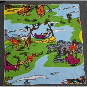 27x26 Vintage Fabric Cotton Scenic Bedrock Bowl Flintstones Family Dino Cartoon